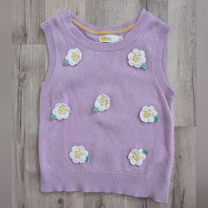 Mini Boden Purple Wool Blend Sweater Vest with Floral Appliqué, 7-8Y (V4)